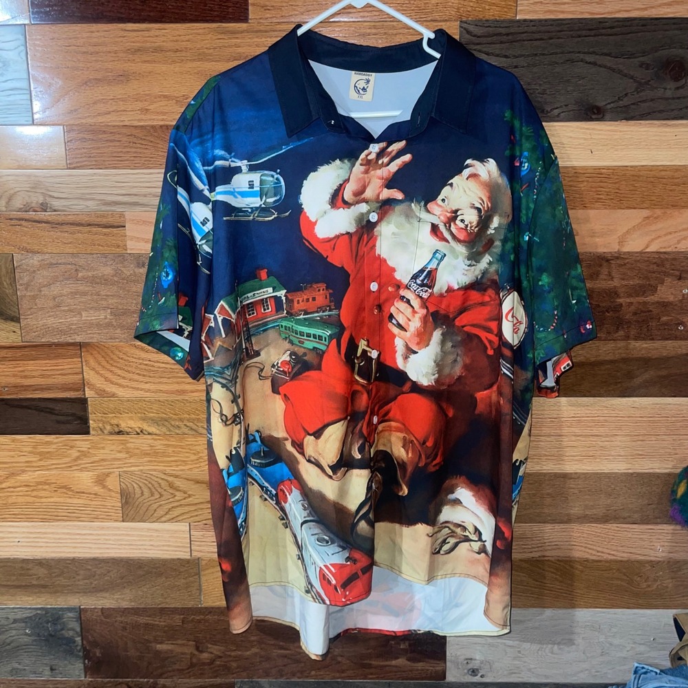 Hardaddy Mens XXL Blue Coca-Cola Santa Christmas Button Down Shirt Holiday Train
